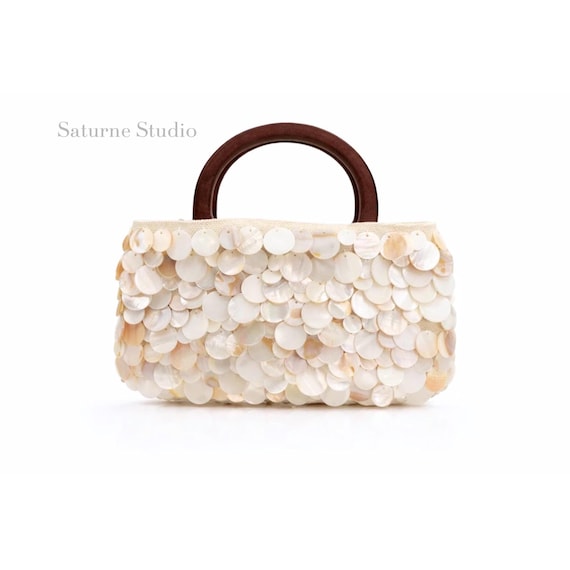 Mother of Pearl Summer Bag with Wooden Handle - Handmade Shell Everyday Bag, Shell Bag