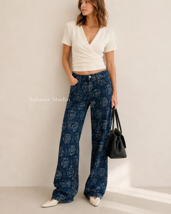 Allover Rose Jacquard Denim Jeans, Mid-rise Jeans,