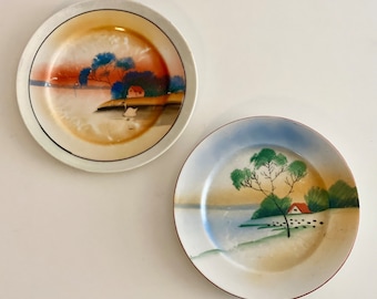 Vintage Hand Painted Japanese Plates Pastel Colors Two Lusterware