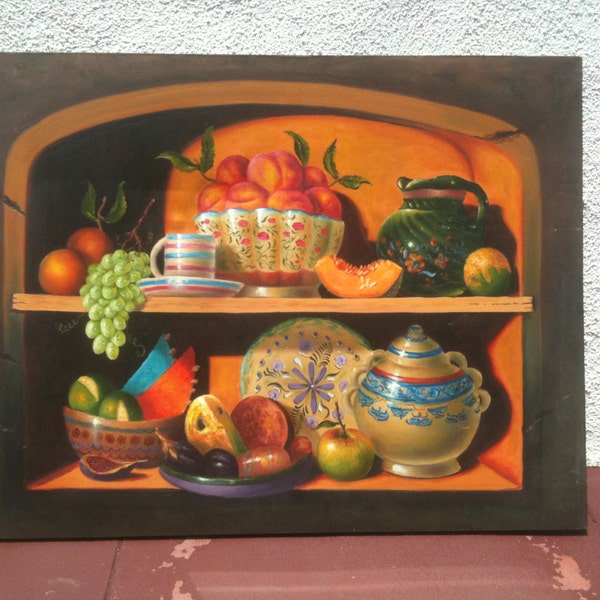 Reserved for Hilary Vintage Original Oil Painting Fruit and Dishes Mexican Kitchen Still Life