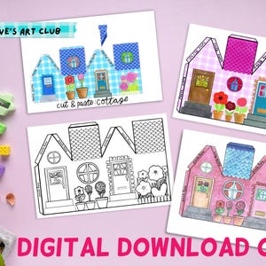 May include: Four cottage-themed paper craft templates, each with a unique design and colour scheme. One is a black and white outline, while the others feature blue, pink, and purple hues. The phrase "cut & paste: cottage" is visible.