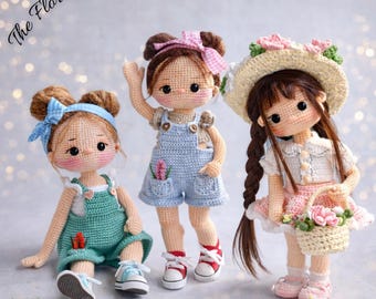 Patrón de conjunto de muñecas a crochet: Niñas amigurumi, gorro floral y overol (patrón PDF)