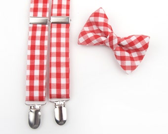 Red Gingham Bow Tie & Suspenders Set, red check bow tie, red check suspenders, boy's bow tie, men's bow tie, boy's braces, red men's braces