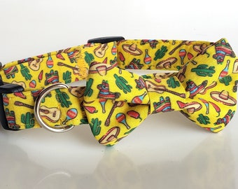Fiesta Dog collar, Fiesta dog bow tie, dog collar and bow tie, pinata dog collar, sombrero dog collar, cactus dog collar, fiesta dog bow tie