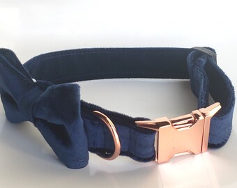 Navy Blue and Rose Gold Velvet Collar with bow tie, dog collar bow tie, cat collar bow tie, velvet dog collar, navy blue dog collar