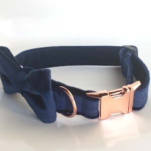Navy Blue and Rose Gold Velvet Collar with bow tie, dog collar bow tie, cat collar bow tie, velvet dog collar, navy blue dog collar