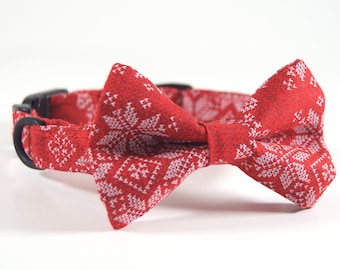 Red Collar with bow tie, dog collar bow tie, cat collar bow tie, fair isle dog collar, christmas dog collar, christmas cat collar, fair isle
