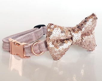Collar de terciopelo rosa con pajarita de lentejuelas, lentejuelas de oro rosa, collar de perro de oro rosa, arco de perro de lentejuelas, arco de gato de lentejuelas, pajarita de perro de oro rosa, rosa