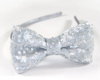 Silver sequin Headband, Silver hairbow, sequin hairbow, glitter hairbow, glitter headband, silver sequins, silver hair bow, sequin hair bow