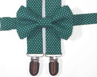 Hunter Green Polka Dot Bow Tie & Suspenders Set, green bow tie, green suspenders, green dot, men's suspenders men's bow tie, boys bow tie