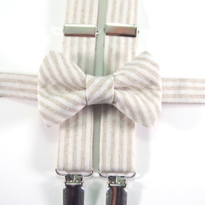 Tan stripe bow tie & suspenders, tan stripe bow tie, tan stripe suspenders, beige and white stripe, linen bow tie, linen suspenders, tan tie