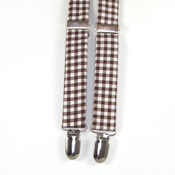 Brown Gingham Suspenders, brown check, white and brown suspenders, brown gingham suspenders, boys suspenders, adult suspenders, brown check