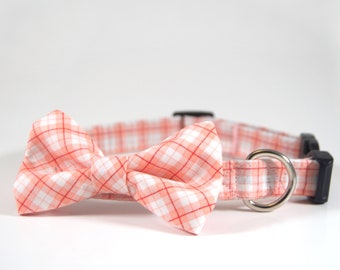 Pink plaid dog collar, blush plaid Dog Collar, plaid Cat collar, dog collar and bow tie, blush dog bow tie, pink plaid cat collar, pet bow