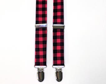 Red & Black plaid Suspenders, buffalo check suspenders, plaid suspenders, plaid braces, boy's suspenders, men's suspenders, Christmas braces