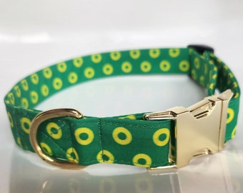 Fishman dog collar, fishman donuts collar, phish dog collar, phish cat collar, green yellow dog collar, green phish collar, phish collar