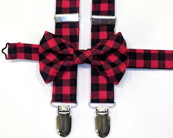 Buffalo check bow tie & suspenders, red bow tie, red suspenders, christmas accessories, red and black plaid, plaid bow tie, plaid tie