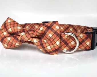 Autumn Plaid Collar with Bow tie, fall dog collar, brown plaid dog collar, autumn dog collar, thanksgiving dog collar, brown plaid dog bow