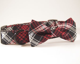 Cranberry plaid dog collar with bow tie, bow tie dog collar, plaid dog collar, christmas dog collar, plaid cat collar, red plaid dog collar