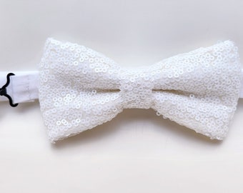 Pajarita de lentejuelas blancas, pajarita blanca brillante, pajarita blanca de purpurina, pajarita de lentejuelas de boda, pajarita de novios, pajarita blanca, pajarita de lentejuelas
