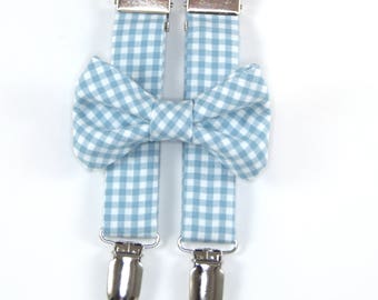 Light Blue Gingham Bow Tie & Suspenders Set, blue gingham suspenders, blue check suspenders, blue suspenders, men's suspenders, boy's braces