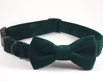 Collar de terciopelo verde con pajarita, pajarita del collar del perro, pajarita del collar del gato, collar del perro de navidad, pajarita del perro verde del cazador, pajarita del perro de terciopelo