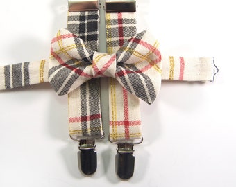 Ivory, red & gold plaid bow tie and Suspender set, red gold plaid bow tie, ivory red gold plaid, plaid suspenders, plaid bow tie, christmas