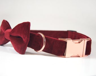 Burgundy Velvet Collar w/ bow tie, dog collar bow tie, cat collar bow tie, rose gold collar, burgundy velvet dog collar, velvet dog bow tie