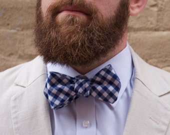 Navy Gingham bow tie, self tie navy bow tie, frestyle bow tie, self tie bow tie, gingham bow tie, navy check bow tie, plaid bow tie,