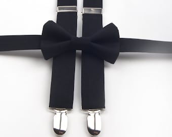 Corbata de lazo negro & Suspenders Set, corbata negra, pajarita negra, tirantes negros, tirantes de los hombres, tirantes de niños, pajarita de los niños, pajarita de los hombres