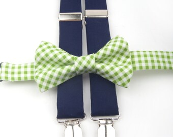 Green Gingham Bow Tie & Navy Blue Suspenders Set, navy blue suspenders, green gingham bow tie, green check bow tie, blue suspenders, bow tie