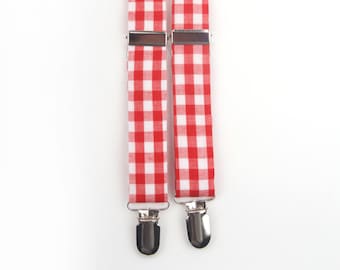 Red Gingham Suspenders, red check suspenders, red suspenders, christmas suspenders, boy's suspenders, men's suspenders, red gingham braces