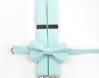 Mint Seersucker Bow Tie & Suspenders, mint stripe bow tie, mint bowtie, mint suspenders, seafoam suspenders, ring bearer outfit, Grayed Jade