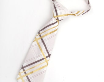 Taupe and gold plaid necktie, taupe tie, boys tie, toddler tie, baby tie, taupe boys tie, ringbearer outfit, tauper and gold tie,