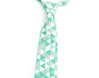 Mint Triangles necktie, mint necktie, pre-tied necktie, mint boys tie, mint green tie, triangle tie, mint toddler tie, mint grey white tie