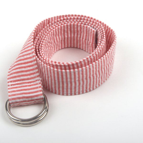 Kids belt, coral seersucker belt, D ring kids belt, toddler belt, childs belt, stripe kids belt, coral stripe stripe belt, boys belt