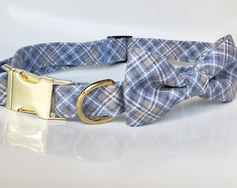 Blue Plaid Collar with bow tie, Blue plaid dog collar, Flannel dog collar, blue plaid collar, blue plaid dog bow tie, plaid dog collar