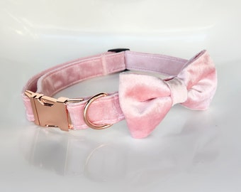 Baby Pink Velvet Collar with bow tie, dog collar bow tie, cat collar bow tie, velvet dog collar, rose gold dog collar, velvet dog bow tie