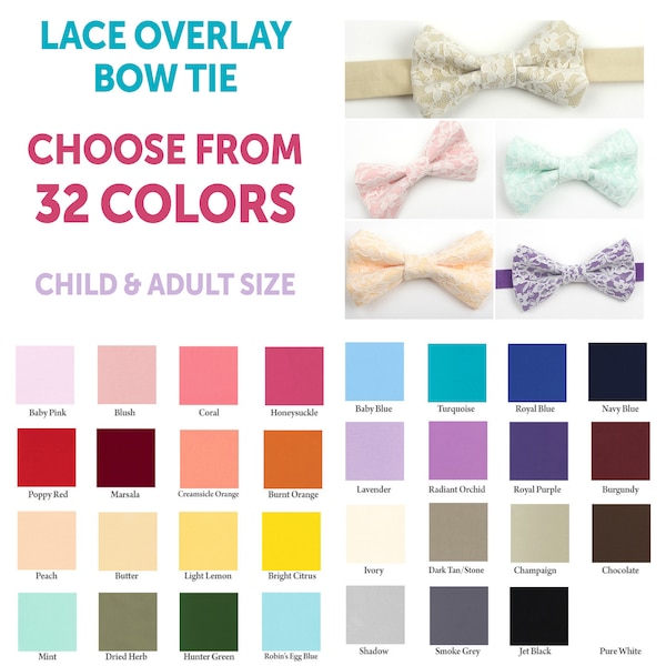 Lace Overlay bow tie, choose from 32 solid colors, boys bow tie, men's bow tie, toddler bow tie, baby bow tie, lace bow tie, lace wedding