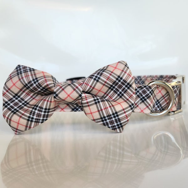 Plaid dog collar with bow tie, bow tie dog collar, Tan plaid dog collar, dog collar and bow tie, plaid dog bow tie, tan and black plaid, dog