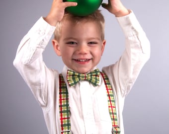 Plaid Bow Tie & Suspenders Set, Rojo a cuadros de Navidad, pajarita a cuadros, tirantes de navidad, pajarita de navidad, pajarita para hombre, tirantes a cuadros