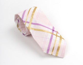Mens Necktie, purple plaid tie, purple and gold tie, purple groom's tie, purple plaid necktie, men's purple tie, purple & gold plaid necktie