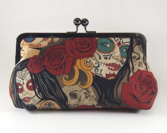 Tattoo clutch, tatoo ladies clutch, day of the dead purse, tattoo purse, pinup girls purse, day of the dead clutch, sugar skulls clutch