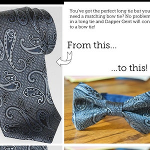 Peut inclure: Une cravate à motif paisley bleu est présentée à côté d'un nœud papillon assorti à motif paisley bleu. Le texte "From this... to this!" est écrit au-dessus de l'image.