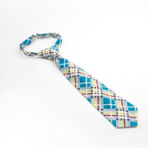 Turquoise plaid necktie, boys necktie, baby neck tie, boys plaid tie, kids plaid tie, pre-tied necktie, grey plaid tie, aqua plaid necktie