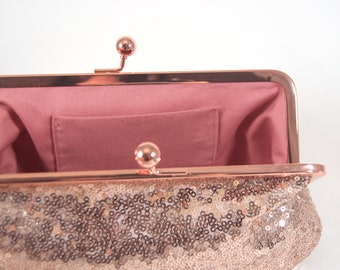 Pochette con paillettes in oro rosa, borsa con paillettes in oro