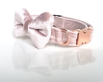 Pink Velvet Collar with bow tie, dog collar bow tie, cat collar bow tie, velvet dog collar, rose gold dog collar, velvet dog bow tie, pink