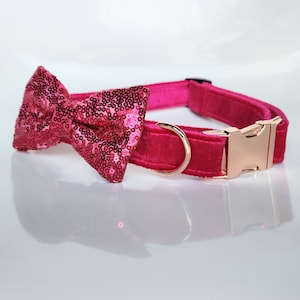 Collare di velluto rosa caldo con papillon di paillettes, paillettes rosa, collare per cani rosa caldo, fiocco per cani con paillettes, fiocco per gatti con paillettes, papillon per cani rosa caldo