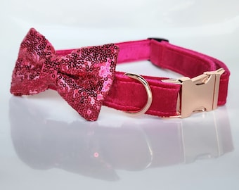 Hot Pink Velvet Collar with sequin bow tie, pink sequin, hot pink dog collar, sequin dog bow, sequin cat bow, hot pink dog bow tie