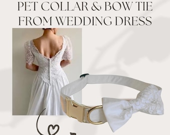 Collar y pajarita para perro hechos con vestido de novia, collar de boda de herencia para perro hecho con vestido de novia, pajarita para perro hecha con vestido de novia, perro de boda