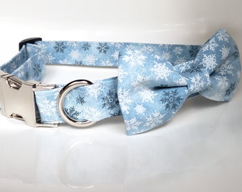 Snowflakes Collar with Bow tie, Winter dog collar, snowflakes dog collar, snowflakes dog bow tie, winter dog bow tie, dog collar, dog bow
